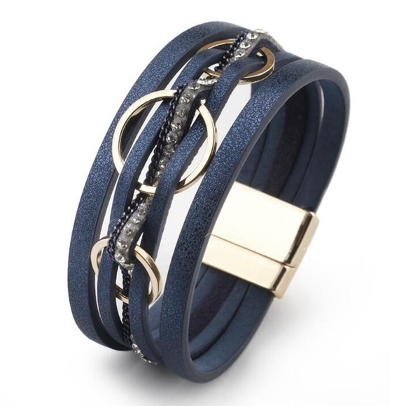 Jewelry - Buckle Leather Bracelet, Magnet Clasp, Navy Color